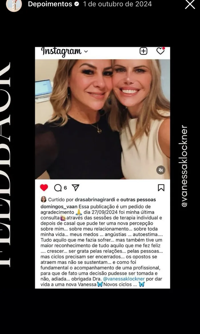 Depoimento publicado no Instagram, ao lado da Vanessa